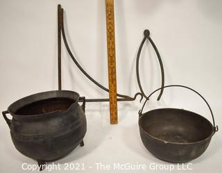 Two (2) Antique Cast Iron Hearth Cook Pots, Fireplace Bracket and Tongs. 