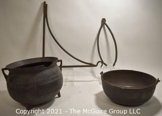 Two (2) Antique Cast Iron Hearth Cook Pots, Fireplace Bracket and Tongs. 