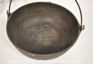 Two (2) Antique Cast Iron Hearth Cook Pots, Fireplace Bracket and Tongs. 