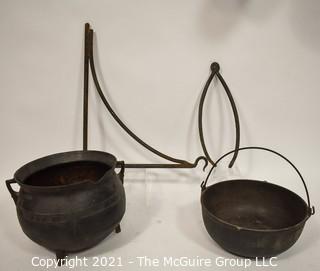 Two (2) Antique Cast Iron Hearth Cook Pots, Fireplace Bracket and Tongs. 