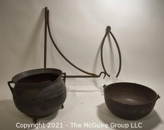 Two (2) Antique Cast Iron Hearth Cook Pots, Fireplace Bracket and Tongs. 