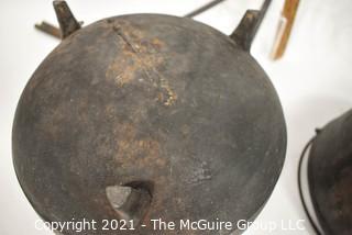 Two (2) Antique Cast Iron Hearth Cook Pots, Fireplace Bracket and Tongs. 