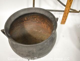 Two (2) Antique Cast Iron Hearth Cook Pots, Fireplace Bracket and Tongs. 