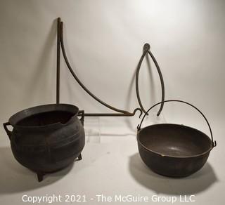 Two (2) Antique Cast Iron Hearth Cook Pots, Fireplace Bracket and Tongs. 