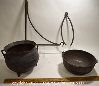 Two (2) Antique Cast Iron Hearth Cook Pots, Fireplace Bracket and Tongs. 