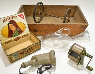 Vintage Mix.  Includes Pencil Sharpener, Wood Box, Spot Light Fixture, Wood Cigar Box, Clear Glass Urinal and Wagon Wheels.