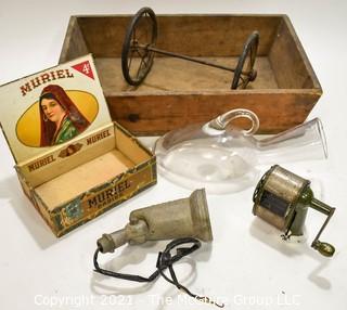 Vintage Mix.  Includes Pencil Sharpener, Wood Box, Spot Light Fixture, Wood Cigar Box, Clear Glass Urinal and Wagon Wheels.