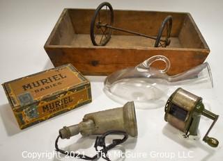 Vintage Mix.  Includes Pencil Sharpener, Wood Box, Spot Light Fixture, Wood Cigar Box, Clear Glass Urinal and Wagon Wheels.