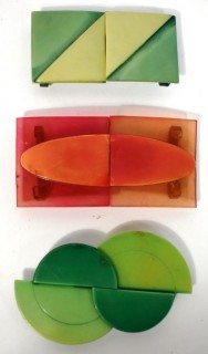 Three (3) Sets of Vintage Mid Century Bakelite and Lucite Belt Buckle Clasps in Bright Colors. 