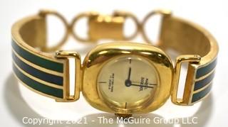 Vintage 1970's Enamel Painted Gold Band Marcel Boucher Bangle Bracelet Watch with Buckle Clasp.