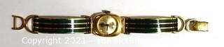 Vintage 1970's Enamel Painted Gold Band Marcel Boucher Bangle Bracelet Watch with Buckle Clasp.