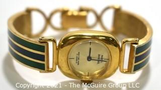 Vintage 1970's Enamel Painted Gold Band Marcel Boucher Bangle Bracelet Watch with Buckle Clasp.