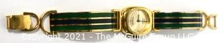 Vintage 1970's Enamel Painted Gold Band Marcel Boucher Bangle Bracelet Watch with Buckle Clasp.