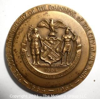 Vintage Bronze Medal Commemorating the 300th Anniversary of New York City at the 1964 World's Fair; 1 Oz Medal 1.5" in diameter 
