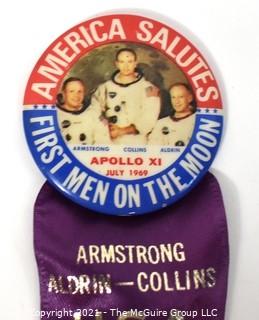 Two (2) 1969 First Men On The Moon Pins & Voyage Ribbons; Apollo 11 with Neil Armstrong, Buzz Aldrin & Michael Collins.  NASA Astronaut Space Program.