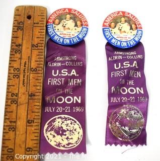 Two (2) 1969 First Men On The Moon Pins & Voyage Ribbons; Apollo 11 with Neil Armstrong, Buzz Aldrin & Michael Collins.  NASA Astronaut Space Program.