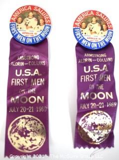 Two (2) 1969 First Men On The Moon Pins & Voyage Ribbons; Apollo 11 with Neil Armstrong, Buzz Aldrin & Michael Collins.  NASA Astronaut Space Program.