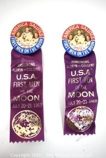 Two (2) 1969 First Men On The Moon Pins & Voyage Ribbons; Apollo 11 with Neil Armstrong, Buzz Aldrin & Michael Collins.  NASA Astronaut Space Program.