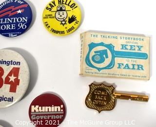 Collection of Vintage Political Pins and Buttons.  Includes 1980 Democratic Convention Badge Pass and Key To Worlds Fair in box. 