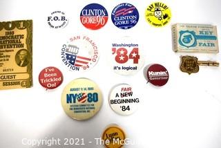 Collection of Vintage Political Pins and Buttons.  Includes 1980 Democratic Convention Badge Pass and Key To Worlds Fair in box. 