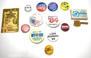 Collection of Vintage Political Pins and Buttons.  Includes 1980 Democratic Convention Badge Pass and Key To Worlds Fair in box. 