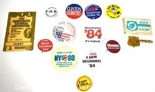 Collection of Vintage Political Pins and Buttons.  Includes 1980 Democratic Convention Badge Pass and Key To Worlds Fair in box. 