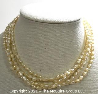 Vintage Four (4) Strand Fresh Water Pearl Necklace with Rhinestone Clasp.
