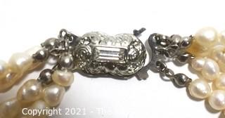 Vintage Four (4) Strand Fresh Water Pearl Necklace with Rhinestone Clasp.
