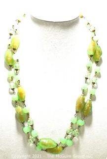 Opera Length Vintage Green Art Glass Bead Necklace. Measures 44"L