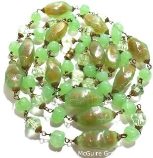 Opera Length Vintage Green Art Glass Bead Necklace. Measures 44"L