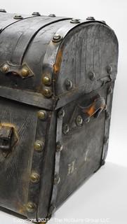 Antique Harness Trunk Manufactured by Joseph Worley, Baltimore with Drawstring Panel In Top.  Circa 1800's. Measures 28" x  20" x  18"