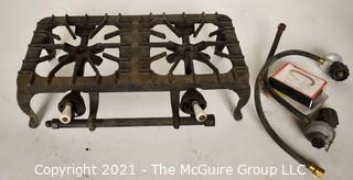 Vintage Griswold Cast Iron #202 Two Burner Gas Stove with Additional Connecting Hoses.  Measures 17"L.