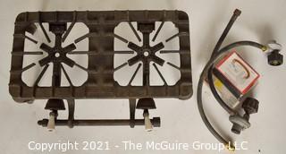 Vintage Griswold Cast Iron #202 Two Burner Gas Stove with Additional Connecting Hoses.  Measures 17"L.