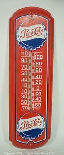 Vintage Original Red Metal Pepsi Cola Thermometer Advertising Sign, circa 1943. Measures 26"T x 9"W.