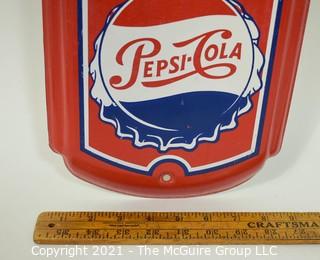 Vintage Original Red Metal Pepsi Cola Thermometer Advertising Sign, circa 1943. Measures 26"T x 9"W.