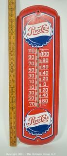 Vintage Original Red Metal Pepsi Cola Thermometer Advertising Sign, circa 1943. Measures 26"T x 9"W.