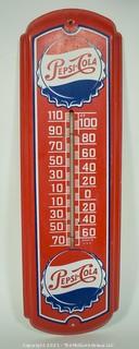 Vintage Original Red Metal Pepsi Cola Thermometer Advertising Sign, circa 1943. Measures 26"T x 9"W.