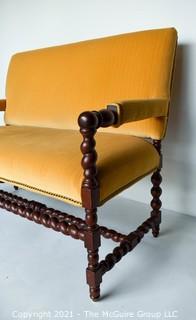 William & Mary Carved Oak Barley Twist Settee with Gold Velvet Upholstery.  Measures 48"L x 22W x 38"T.
