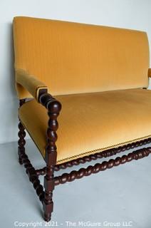 William & Mary Carved Oak Barley Twist Settee with Gold Velvet Upholstery.  Measures 48"L x 22W x 38"T.
