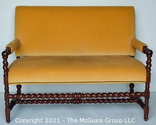 William & Mary Carved Oak Barley Twist Settee with Gold Velvet Upholstery.  Measures 48"L x 22W x 38"T.
