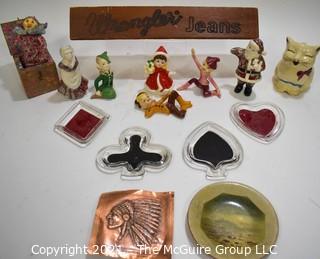 Eclectic Group Including Carved Wood Wrangler Jeans Advertising Counter Top Sign, Porcelain Christmas Elf Figurines, Copper Bas-relief of Native American, Set of Four (4) Bridge Glass Ashtrays & 1940's Puss'n Boots Creamer.