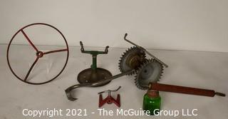 Collection of Vintage Garden and Yard Items.  Includes Tractor Wheel, Three (3) Grass Water Sprinklers and Bug Sprayer with Green Glass Container. 