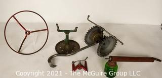 Collection of Vintage Garden and Yard Items.  Includes Tractor Wheel, Three (3) Grass Water Sprinklers and Bug Sprayer with Green Glass Container. 