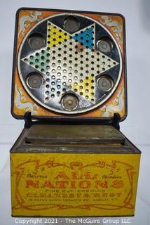 Antique "All Nations" Chewing Tobacco Store Display Tin, Payn's Sons (25" x 7" x 8") and Vintage Metal Chinese Checkers Board by Pressman.