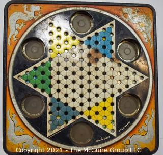 Antique "All Nations" Chewing Tobacco Store Display Tin, Payn's Sons (25" x 7" x 8") and Vintage Metal Chinese Checkers Board by Pressman.