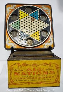 Antique "All Nations" Chewing Tobacco Store Display Tin, Payn's Sons (25" x 7" x 8") and Vintage Metal Chinese Checkers Board by Pressman.