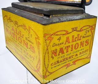 Antique "All Nations" Chewing Tobacco Store Display Tin, Payn's Sons (25" x 7" x 8") and Vintage Metal Chinese Checkers Board by Pressman.