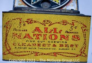 Antique "All Nations" Chewing Tobacco Store Display Tin, Payn's Sons (25" x 7" x 8") and Vintage Metal Chinese Checkers Board by Pressman.