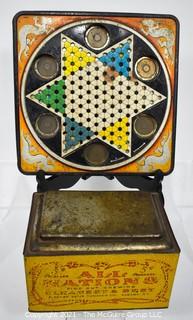 Antique "All Nations" Chewing Tobacco Store Display Tin, Payn's Sons (25" x 7" x 8") and Vintage Metal Chinese Checkers Board by Pressman.