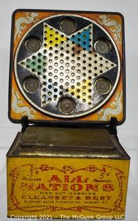 Antique "All Nations" Chewing Tobacco Store Display Tin, Payn's Sons (25" x 7" x 8") and Vintage Metal Chinese Checkers Board by Pressman.